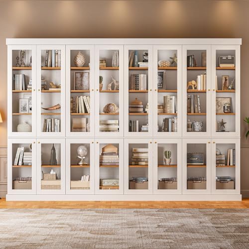 Image of ivaniti 70.8 inch Bookshelf with Glass Doors, Farmhouse Modular Bookcase with 6-Tier Adjustable Shelves, Large Storage Cabinet for Living Room & Home Office, Set of 4, White