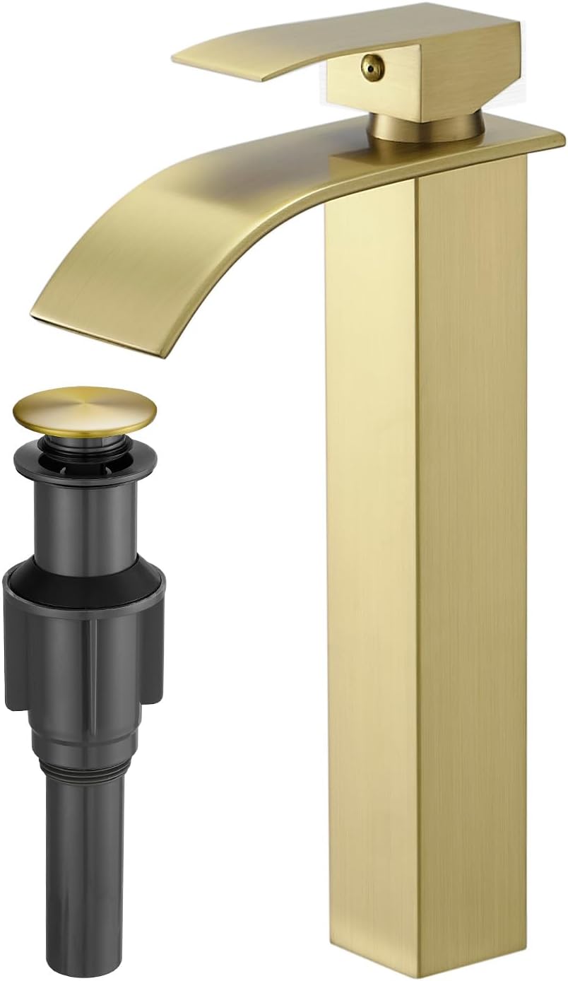 RUMOSE Tall Brushed Gold Bathroom Faucet with Pop Up Drain Modern ...