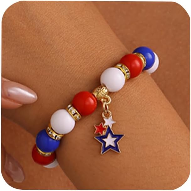 4th of July Red White Blue Beaded Stretch Bracelet for Women and Girls, Patriotic Jewelry for Holiday and Soccer Parties, Game Day and Festive Celebrations