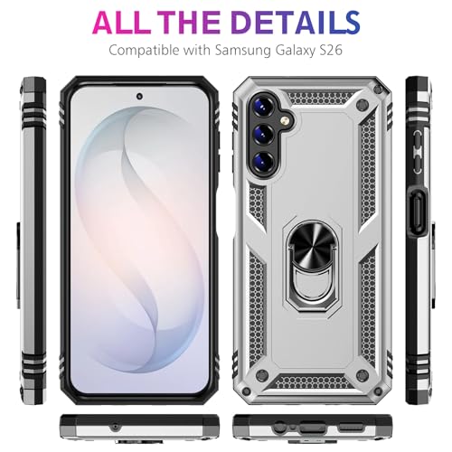 Image of for Samsung Galaxy S26 Case with Screen Protector, Heavy Duty Military Grade Shockproof Rugged Protective Cover for Samsung S26 Phone Case with Metal Ring Magnetic Kickstand (Silver)