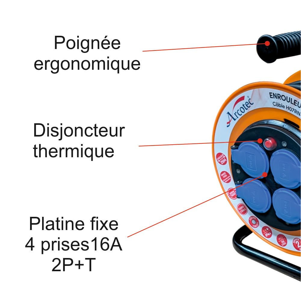 Enrouleur PRO de Chantier 3G1.5 25m IP44 Platine Fixe (Anti Twist) - Câble H07RN-F - 4 Prises 16A - Garantie 2 Ans