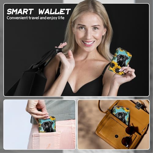 Image of Cute Credit Card Holder with Zipper, Sunflower Pug RFID-Blocking Card Case Small Wallet for Women Men, Multi-slot Card Organizer Case Travel Accordion Wallet