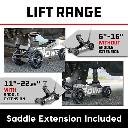 Image of Powerbuilt 2.5 Ton Big Wheel Off Road Jack, Vehicle Lift for Trucks, SUVs, ATVs Offroad Vehicles, Oversized Wheels for Rugged Terrain, 5000 LB Capacity, Grey 620623ECE