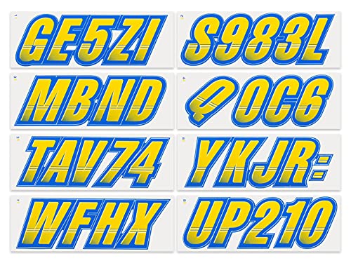 Image of STIFFIE Techtron Yellow /Blue 3 inch Boat & PWC Registration Decals • Numbers Letters Stickers