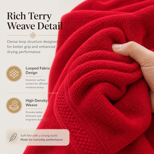 Image of 100% Pure Cotton Bath Towel for Men & Women | 380 GSM Ultra Soft, Highly Absorbent & Quick Dry Bath Towel | Large 55 x 28 Inch Matty Terry Towel for Bathroom, Gym, Travel & Daily Use | Red