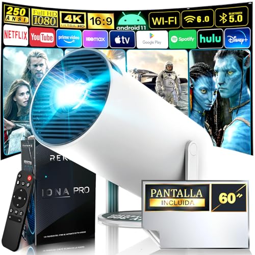 REKION® [Apps INTEGRADAS] Super Proyector Portatil HY.300 4K + Pantalla 60 Pulgadas | Support Premium 1080P Full HD 250 ANSI 9000 Lúmenes | WiFi 6 Bluetooth 5.0 | Android 11 | 180°Rotable