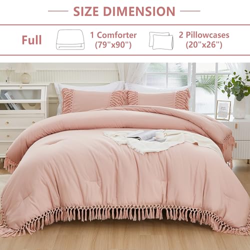 Image of Andency Pink Full Size Comforter Set, 3 Pieces Boho Tassel Lightweight Soft Bedding Comforter Sets, All Season Fluffy Fringe Bed Set (79x90In Comforter & 2 Pillowcases)