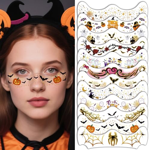 Glitters Halloween Freckle Temporary Tattoos Metallic Face Makeup Patches Gothic Punk Sparkle Patches Spider Web Bat Stickers Tattoo for Adult Kids Tattoo Masquerade Party Supplies 12 Sheets
