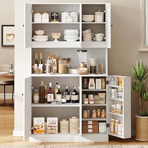 71" Tall Kitchen Pantry Storage Cabinet with Microwave Stand & Door Shelf, Freestanding Kitchen Hutch with 6 Doors and Adjustable Shelves, Modern Food Pantry for Kitchen, Dining Room, White 71 Tall Kitchen Pantry Storage Cabinet with Microwave Stand Door Shelf Freestanding Kitchen Hutch with 6 Doors and Adjustable Shelves Modern Food Pantry for Kitchen Dining Room White