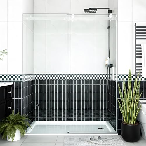 Image of 56-60 inch W x 76 inch H Frameless Sliding Shower Door, 1 /4 inch (6mm) Tempered Glass with Explosion-Proof Film, Brushed Nickel Bypass Shower Door with Seal Strips