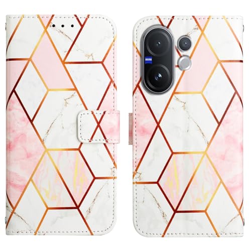Image of ClickCase for vivo V60e 5G Marble Series Faux Leather Back Case Card Holder Wallet with Magnetic Closure Flip Cover for vivo V60e 5G (Pink White)