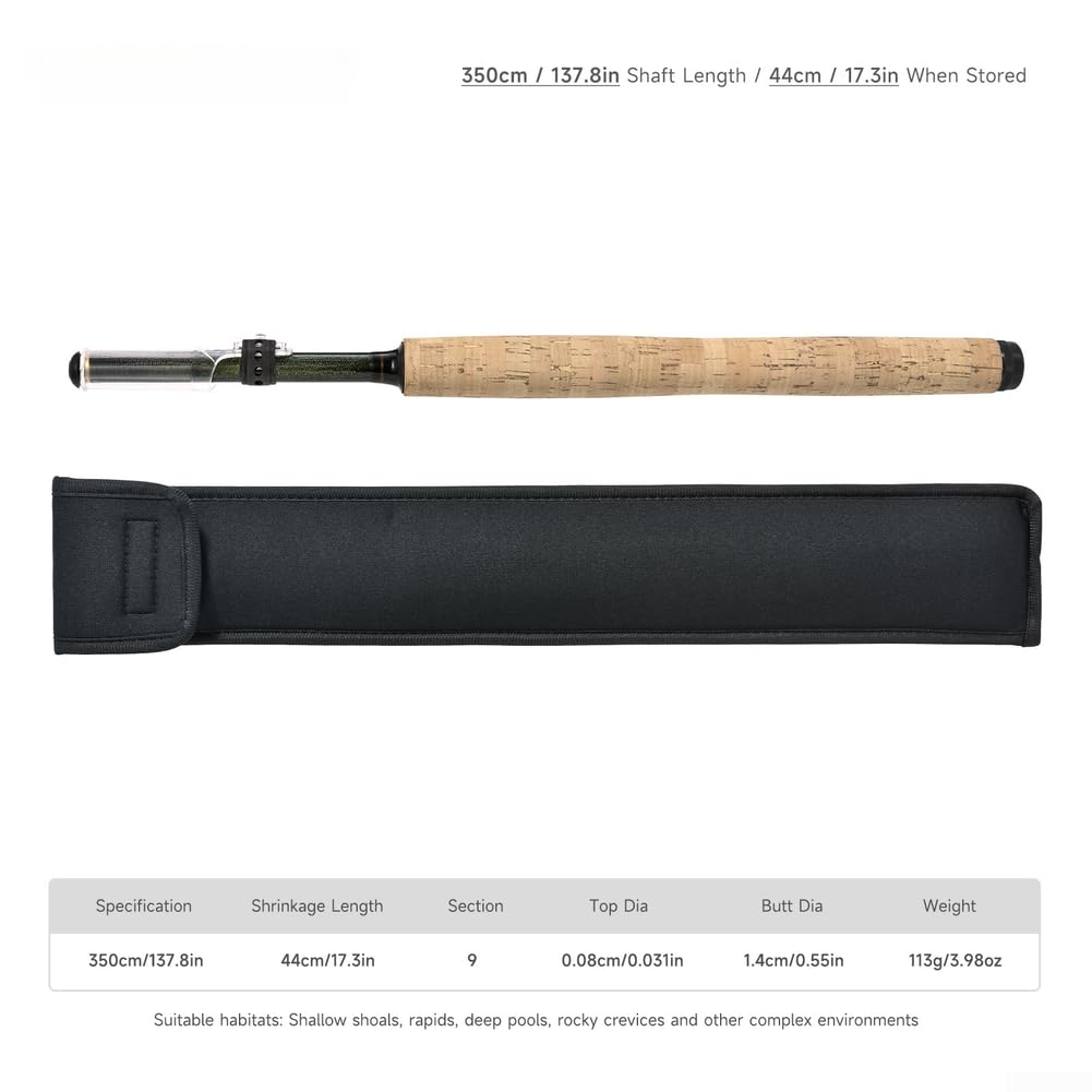 Tenkara Fliegenfischrute aus Kohlefaser mit Holzimitatgriff für kleine Bergfische, 350 cm Gesamtlänge, schwarzes Rollensystem, leichte Ausrüstung für Outdoor-Abenteuerreisen