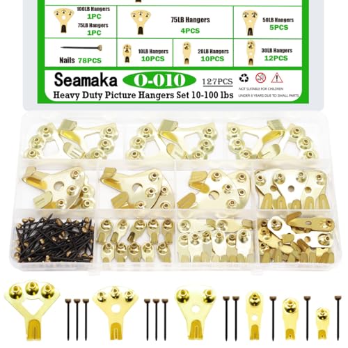 Image of 127PCS Picture Hangers,Heavy Duty Picture Hanging Hardware with Nails,Decorative Picture Hanging Kit Holds 10-100 lbs on Wooden /Drywall for Pictures,Clock,Mirror,House Decoration