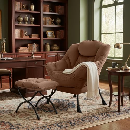 Image of Tiita Lazy Chair with Ottoman, Brown Modern Large Accent Chairs, Comfy Leisure Sofa Armchair with Ottoman, Reading Chair with Footrest for Bedroom, Living Room, Dorm Rooms, Brown