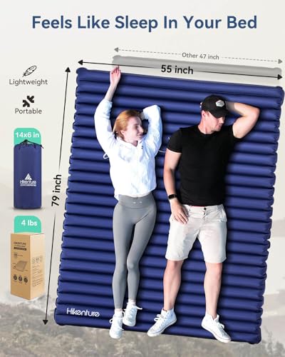 Image of Hikenture Double Sleeping Pad for Camping, Ultralight 4 inch Extra-Thick Camping Mattress 2 Person, Inflatable Backpacking Sleeping Mat, Hiking Air Mattress for Tent (Navy Pumpsack 79x55in)