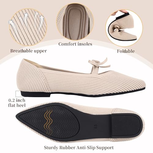 Image of TINGRISE Women's Pointed Toe Flats Comfortable Knit Ballet Shoes Washable Dressy with Bow Business Casual Work Shoes