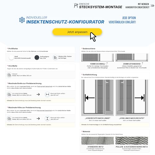 Fliegengitter Plissee Tür nach Maß – Insektenschutz Tür mit Rahmenmontage zum Kleben (ohne Bohren) oder Schrauben für Balkontür, Schiebetür oder Terrassentür – Fiberglasgewebe, Aluminiumprofile
