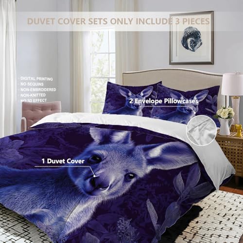 BaoNews Niedliches Känguru-Bettwäsche-Set, King-Size-Größe, 3-teilig, Känguru in lila Pflanzen, 100 % Baumwolle, Hotel-Bettwäsche-Set mit 2 Kissenbezügen (ohne Füllung)