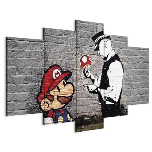 B&D XXL - Quadro Banksy Mario Collage 200x100 cm 5 Pezzi - Stampa su Tela Grande - Quadri Moderni Componibili Camera da Letto Matrimoniale - Stampe da Parete Arte - Poliziotto i-B-0040-b-m