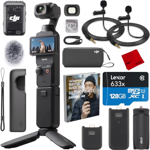 Image of DJI CP.OS.00000302.01 Osmo Pocket 3 Creator Combo 4K 120fps Handheld 3-Axis Gimbal Bundle with 128GB microSDHC Card, 2X Clip-On Mini Lapel Mic, Cleaning Cloth & Deco Gear Unofficial Master Guide