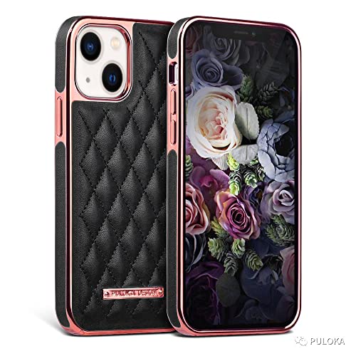Image of PULOKA iPhone 13 Leather Cover Electroplated Back Case Royal Diamond Specially Designed Cover for Apple iPhone 13 6.1 inchinch - Black