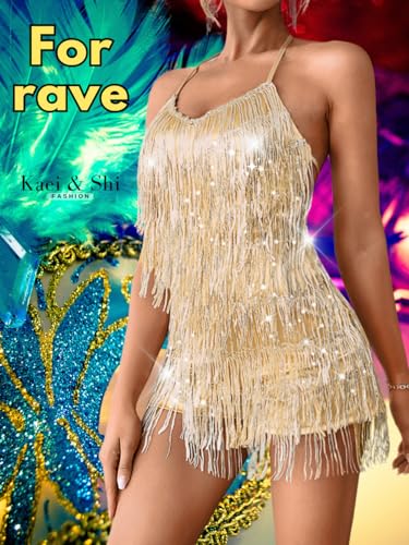 Image of Kaei&Shi Sequin Fringe Romper,Sparkly Glitter Metallic Jumpsuits For Women,Backless Shorts Dress Disco Birthday Dance Outfit