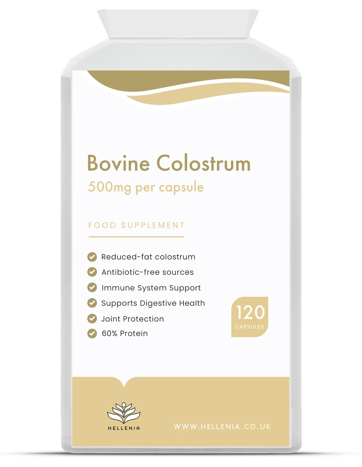 Pure Colostrum Capsules 500mg - 120 Capsules | Reduced-Fat Colostrum from Grass-fed Cows | 20% Immunoglobulins G | Free from Antibiotics | Digestive Health - Made in The UK by Hellenia