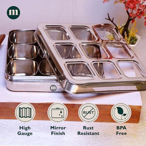Image of MARU Stainless Steel, Masala Dabba Steel Masala Box For Kitchen Steel | Masala Dani For Kitchen See Through Lid (9 IN 1 Without inside), Silver