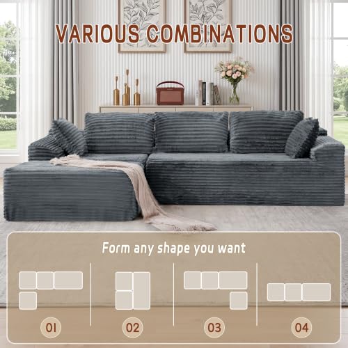 Image of Korser 108 inch L-Shaped Modular Sectional Sofa with Chaise, Boneless Comfy Corduroy Fluffy Couch with Deep Seat and Side Pockets, Flexible Module Combination for Living Room, No Assembly, Side Pockets