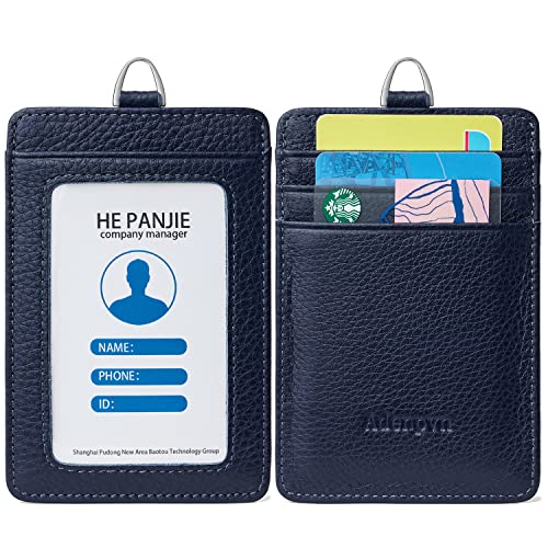 Cow Leather ID Badge Holder with Lanyard(Full Grain Leather,3"*4.5"),1 Clear ID Window and 3 Card Slots,Nylon Neck Lanyard with rotatable and Removable Metal Clasp,Vertical Name Badge Holders