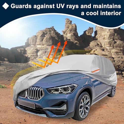 Image of Silver Tone Heavy Duty Waterproof Car Cover for SUV 173 inch-179 inch - All-Weather UV Protected Outdoor Full Exterior Cover with Sun /Snow /Rain Resistance