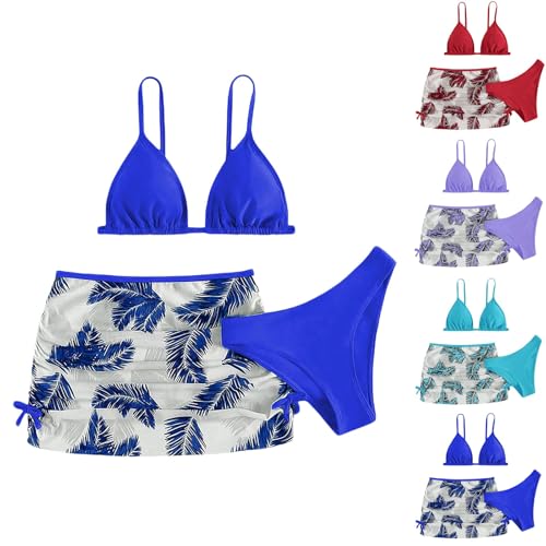 Girls Swimsuit, Bathing Suits 3 Piece Tropical Floral Twist Cross Bikini Set Girls' Swimwear with Cover Up Skirt (Purple, 14-16 Years)