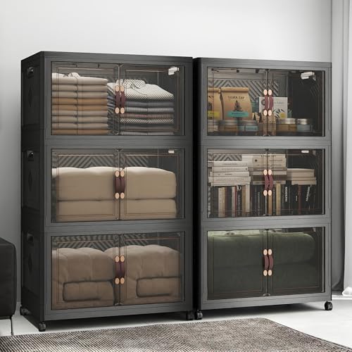 Image of UAMFURI Stackable Storage Bins with Lids,1080QT Lockable Storage Cabinet, Foldable Storage Box with Doors and Wheels, Plastic Drawers for Home, Garage, Office (6, Black, Extra Large)