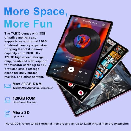 Image of Android 15 Tablet, 30GB RAM + 128GB ROM 1TB TF, 2026 Tablet with Keyboard and Mouse, 10.1 inch Touchscreen, 8000mAh Battery, Incell Display, 2.0GHz, Gemini AI, 5G WiFi, BT 5.0, GPS - Metal Purple