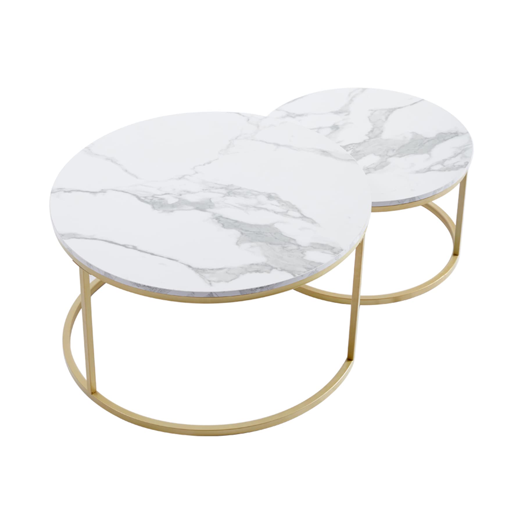 2er Set Runder Couchtisch, Moderner Satztisch für Wohnzimmer, Balkon, Büro mit MDF-Tischplatte und Stabilem Metallgestell, Weiß+Gold, Großer Tisch: 60*60*45 cm; Kleiner Tisch: 40*40*35cm