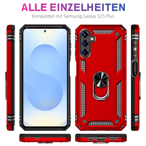Image of Heavy Duty Case for Samsung Galaxy S25 Plus Phone Case with Screen Protector, Military Grade Shockproof Rugged Protective Cover for Samsung S25 Plus, with Metal Ring Magnetic Kickstand (Red)