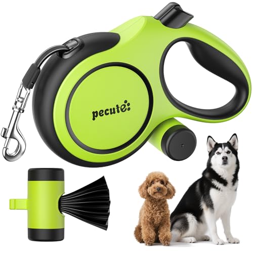 Pecute Guinzaglio per Cani Allungabile 8 metri, Guinzagli Retrattili con Sacchetti Igienici e Porta Sacchetti|Per Passeggiate/Addestramento/Pioggia, Per Cani fino a 50 kg, Verde