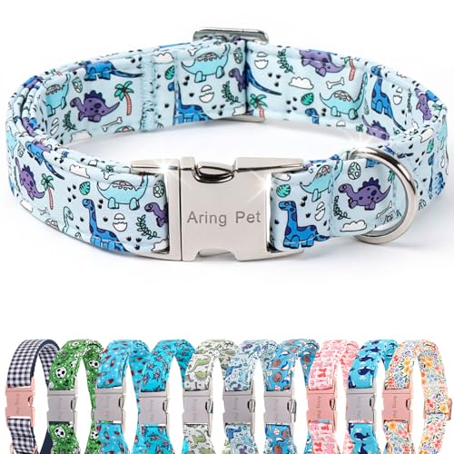 Image of ARING PET Dinosaur Dog Collar, Cute Spring Summer Blue Boy Heavy Duty Doggy Collars with Metal Buckle for Puppy Small Medium Large Dogs-M