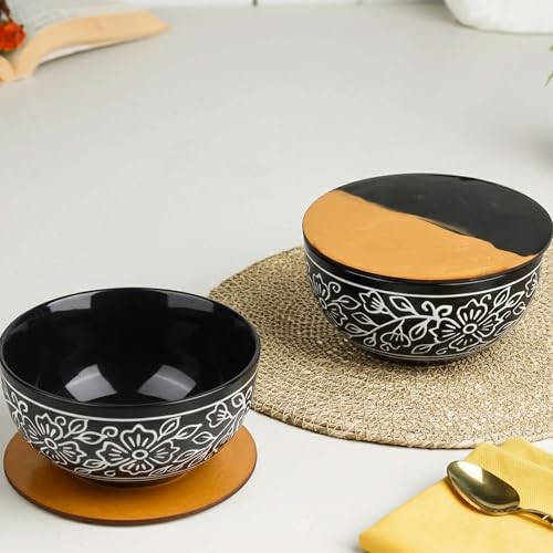Image of The Earth Store Black Artvine Snack Bowl with Coasters /Lid Set for Kitchen | Dishwasher & Microwave Safe Serving Bowl for Snacks, Rice, Dal, Fruits, Salad | 500ML Set of 2