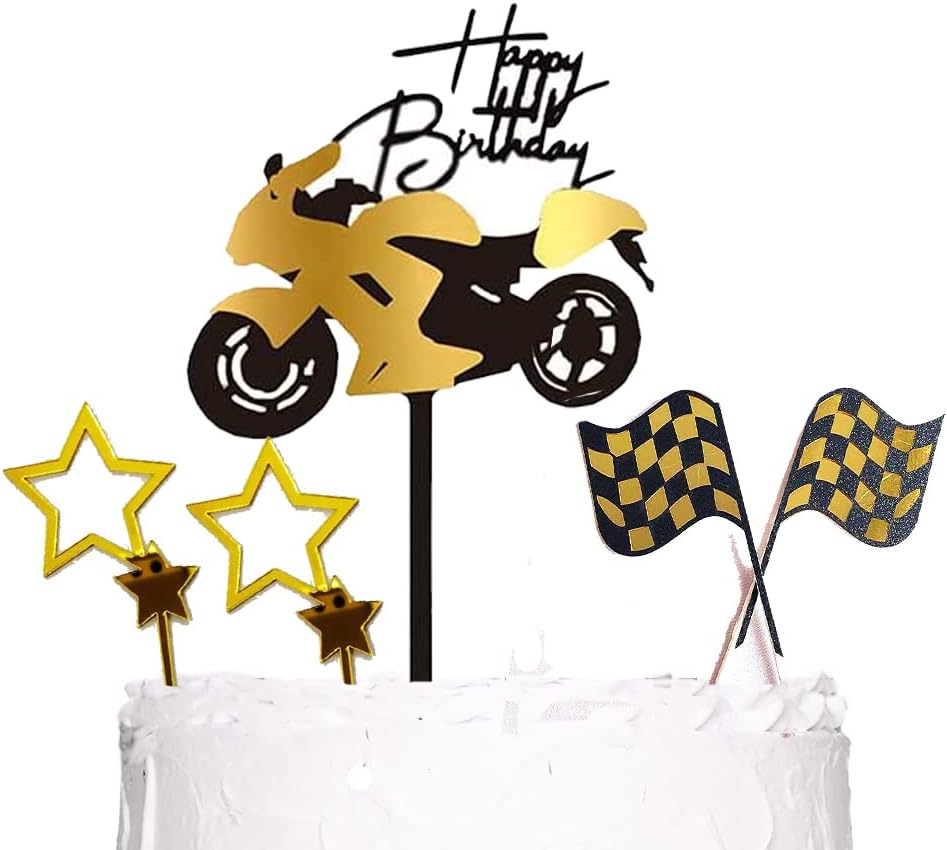 MiaLover Pack of 6 Birthday Cake Toppers, Motorcycle & Car Cake Toppers, Acrylic, Glitter Star Banner