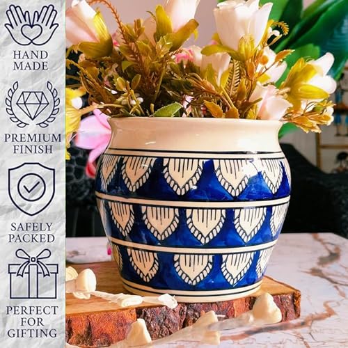 Image of Niyara Ceramic planters pots for Indoor Outdoor Home, Garden Office Decor Balcony Planters Gamla Flower Size Small 6 inches (Blue Handpainted)