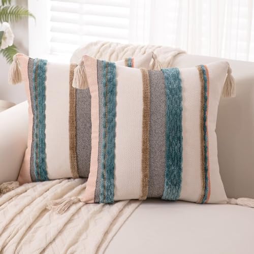Amazon.com: BUIOVBEY Boho Throw Pillow Covers 18x18 Set of 2 Woven ...