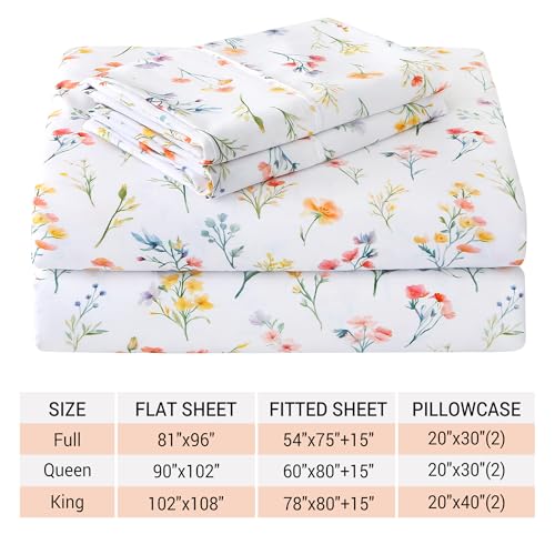 Image of Viviland Floral King Sheet Set - 4 Piece Vintage Botanical Flower and Leaves Patterned Bed Sheets - Soft, Breathable Microfiber Sheets with Deep Pocket, Non-Slip Fitted Sheets & Pillowcases