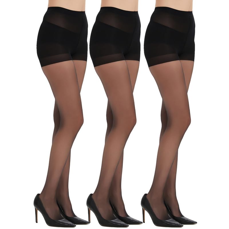 3 Pack Black Women's 20D Control Top Sheer Tights – Reinforced Toes Nylon Pantyhose