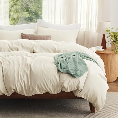 Image of Bedsure Duvet Cover King Size with Fitted Sheet - 4 Pieces Prewashed Cotton-Like Soft Bedding Set, Includes 1 Duvet Cover 104x90 Inches with Zipper Closure, 2 Pillow Shams, 1 Fitted Sheet, Oat Milk
