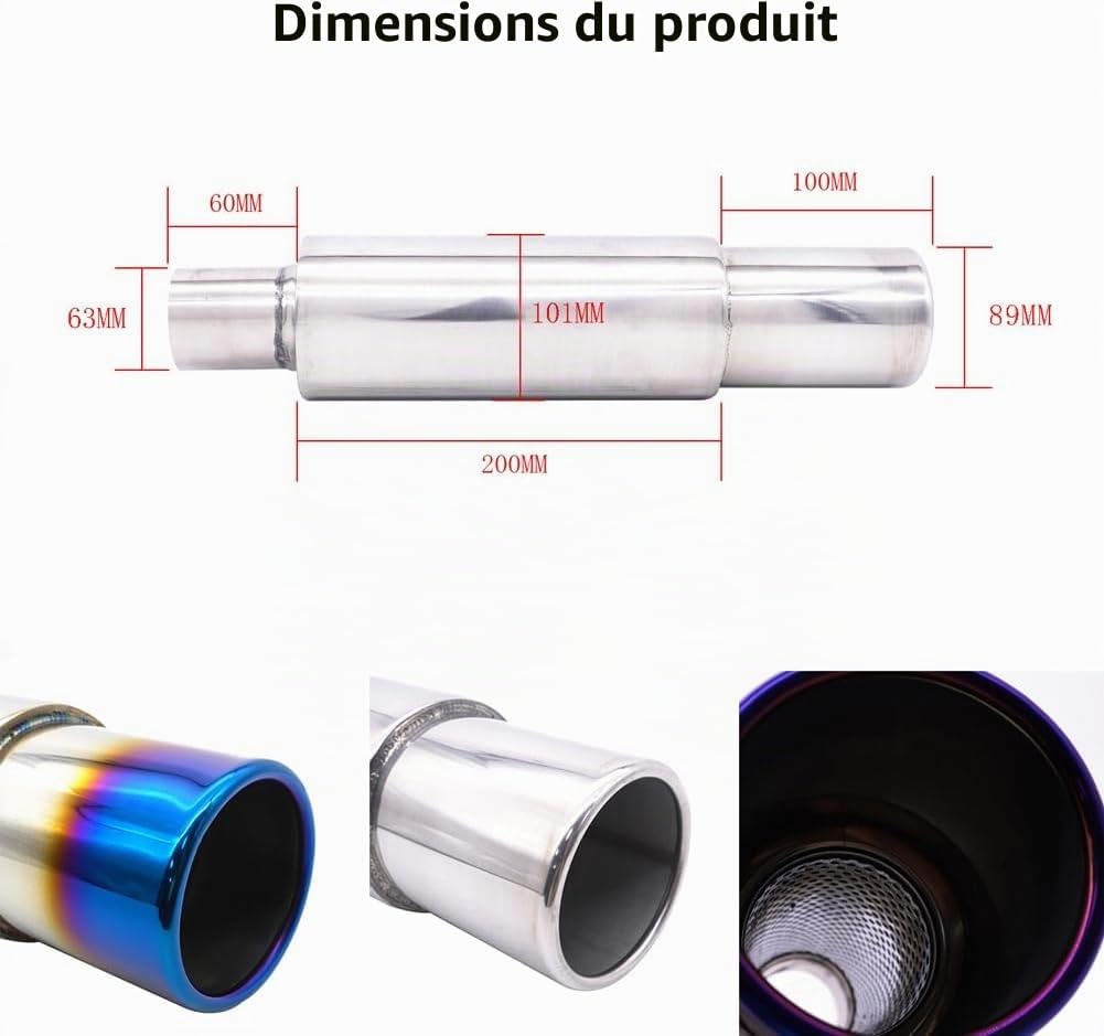 Silencieux d'échappement pour voiture, entrée 63 mm, silencieux d'échappement en acier inoxydable, silencieux turbo réglable et amovible