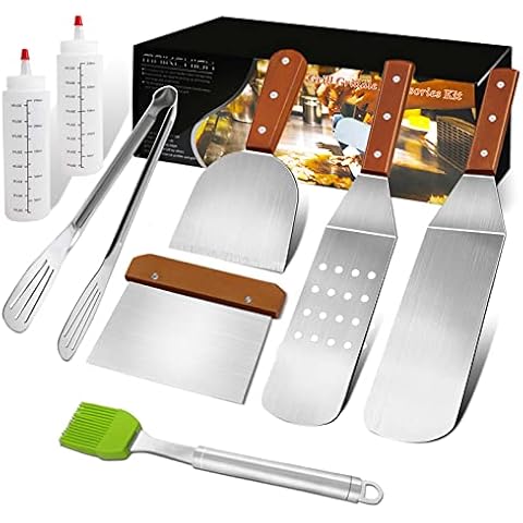 MAIKEHIGH 8Pcs BBQ Grill Spatula Set, Heavy Duty Griddle Scraper Accessories Kit Stainless Steel Burger Flipper Tool Teppanyaki Cooking Utensils for Grilling, Barbecue, Flat Top, Pancake Cover