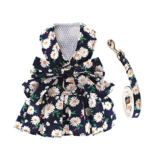 BAEJMJK Dog Dress Bowknot Harness Leash Set for Small Dogs Cats Daisy Floral Girl Dog Dresses Cute Puppy Princess Clothes Pet Doggy Outfits Spring Summer Breathable Dresses (Large, Navy Blue)