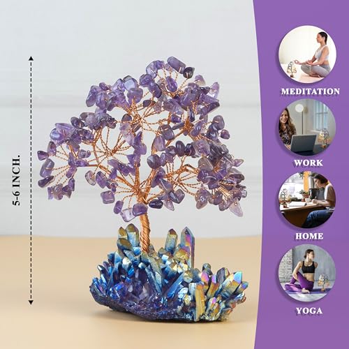 Image of Crocon Amethyst Crystals Tree with Rainbow Titanium Cluster Base Tree of Life Decor for Shelf, Birthday Gifts for Women, Sister Gifts, Birthday Gifts for Mom, Cute Home Decor, Purple Decor Present