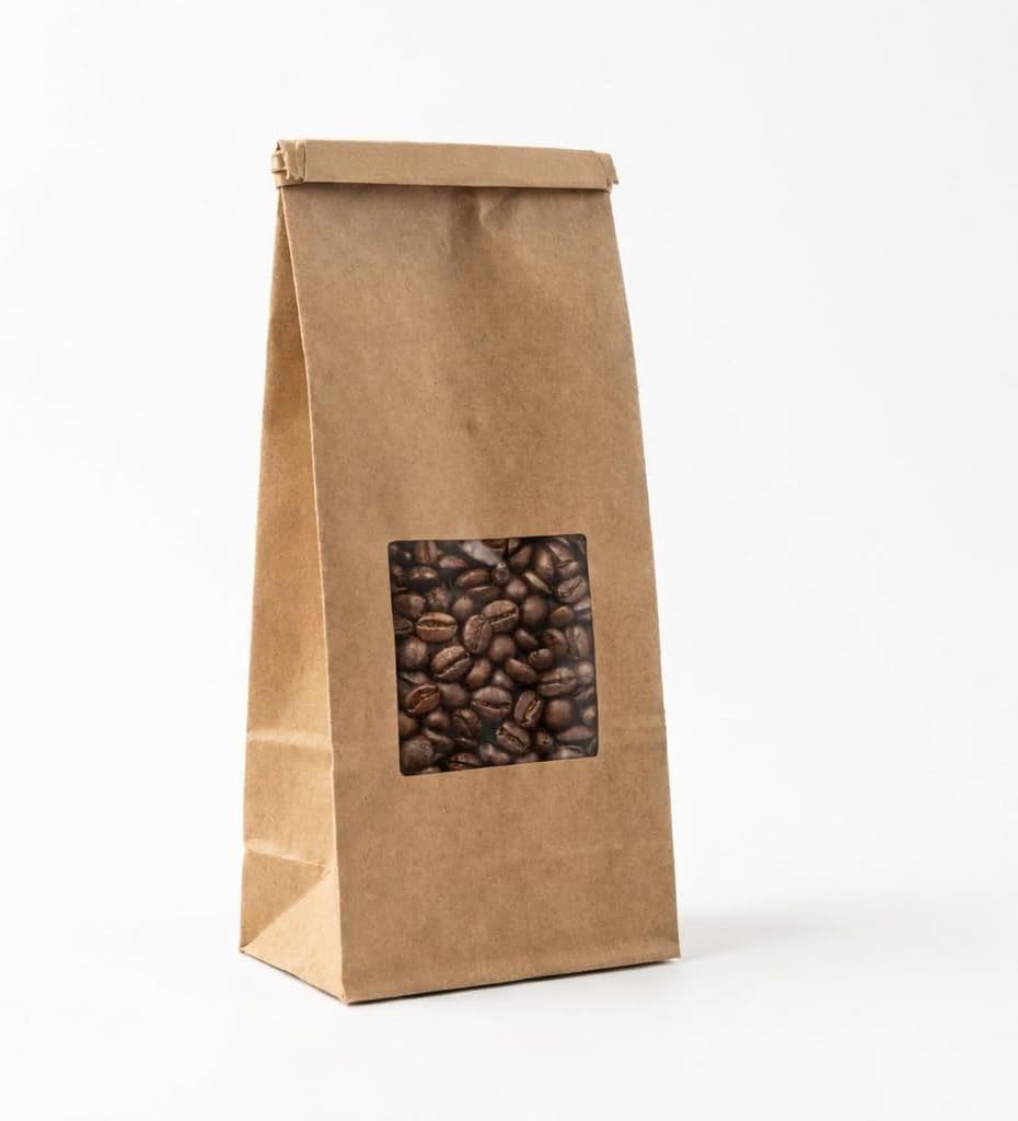 AwePackage Compostable Natural Kraft Paper Tin Tie Bag with Window (100, 14-16 oz)